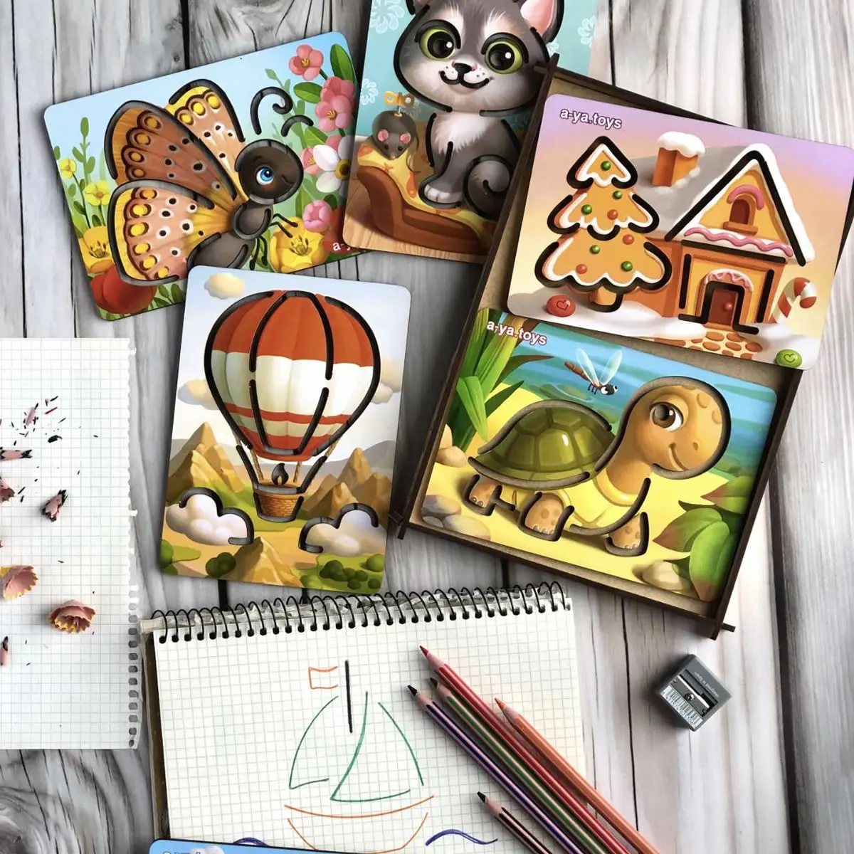 Mediniai piešimo trafaretai – 6 vnt. rinkinyje - Image 4