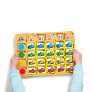 Medinė dėlionė–rūšiuoklis „Sunkvežimiai: spalvos ir skaičiavimas“