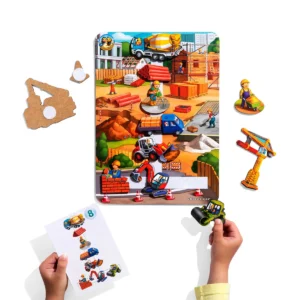 Lipdukų žaidimas su kortelėmis „Statybų aikštelė“